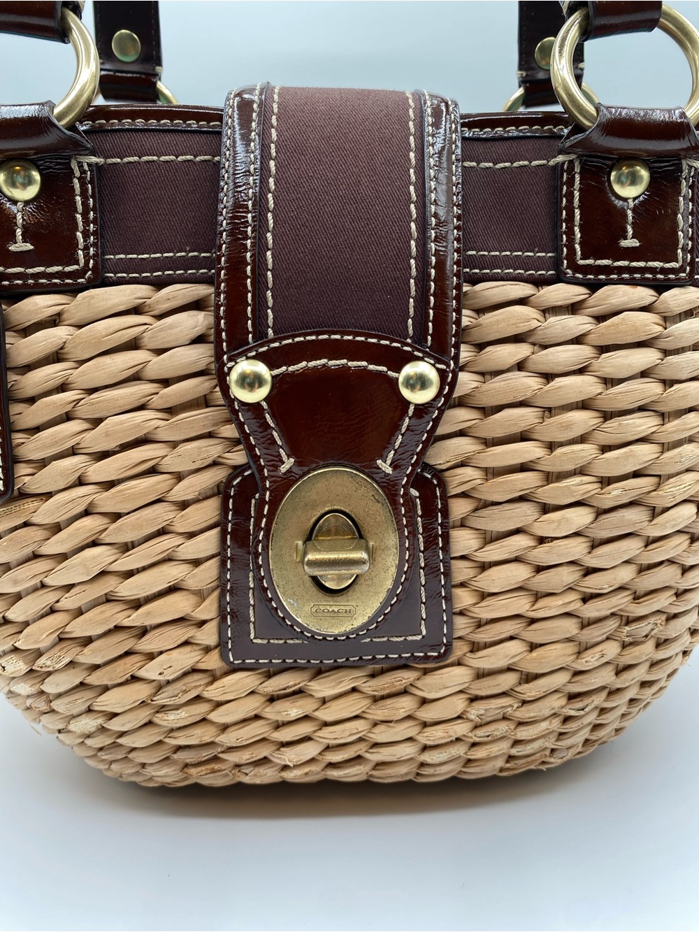 Coach Tan Woven Straw Tote with Dark Brown Leather Trim - Picture 14 of 16